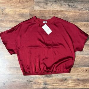 A New Day, Women’s Short Sleeve Satin Blouse Color-Burgundy  Size S NWT